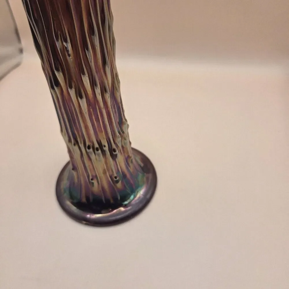 Iridescent Art Glass Ruffled Trumpet Vase Glossy Purple Multicolor 11